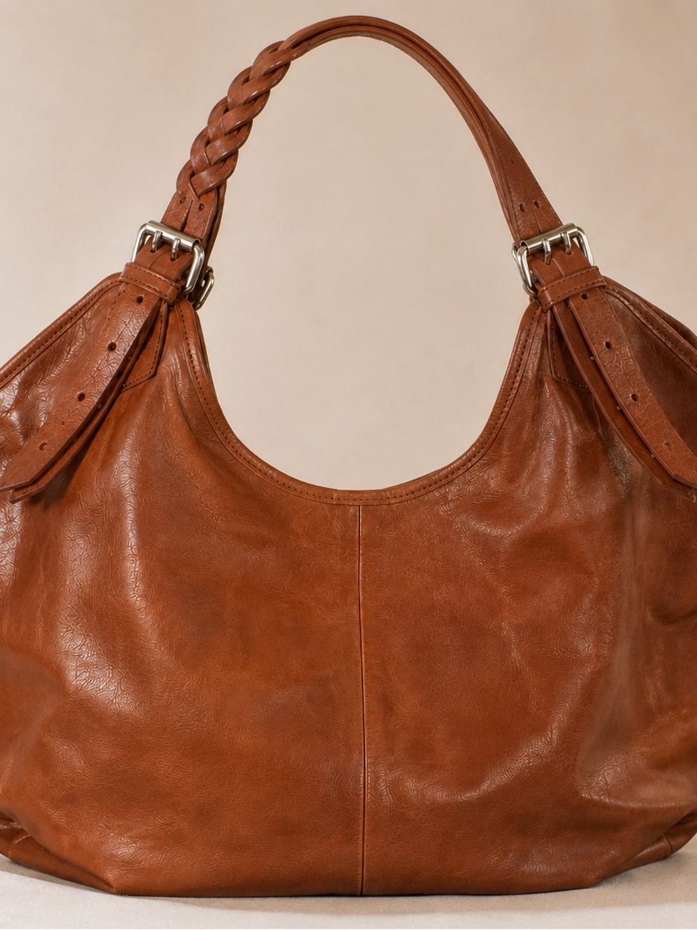 Cynthia Vincent Rare Cognac Genuine Leather Hobo Tote Braided Strap Large Bag